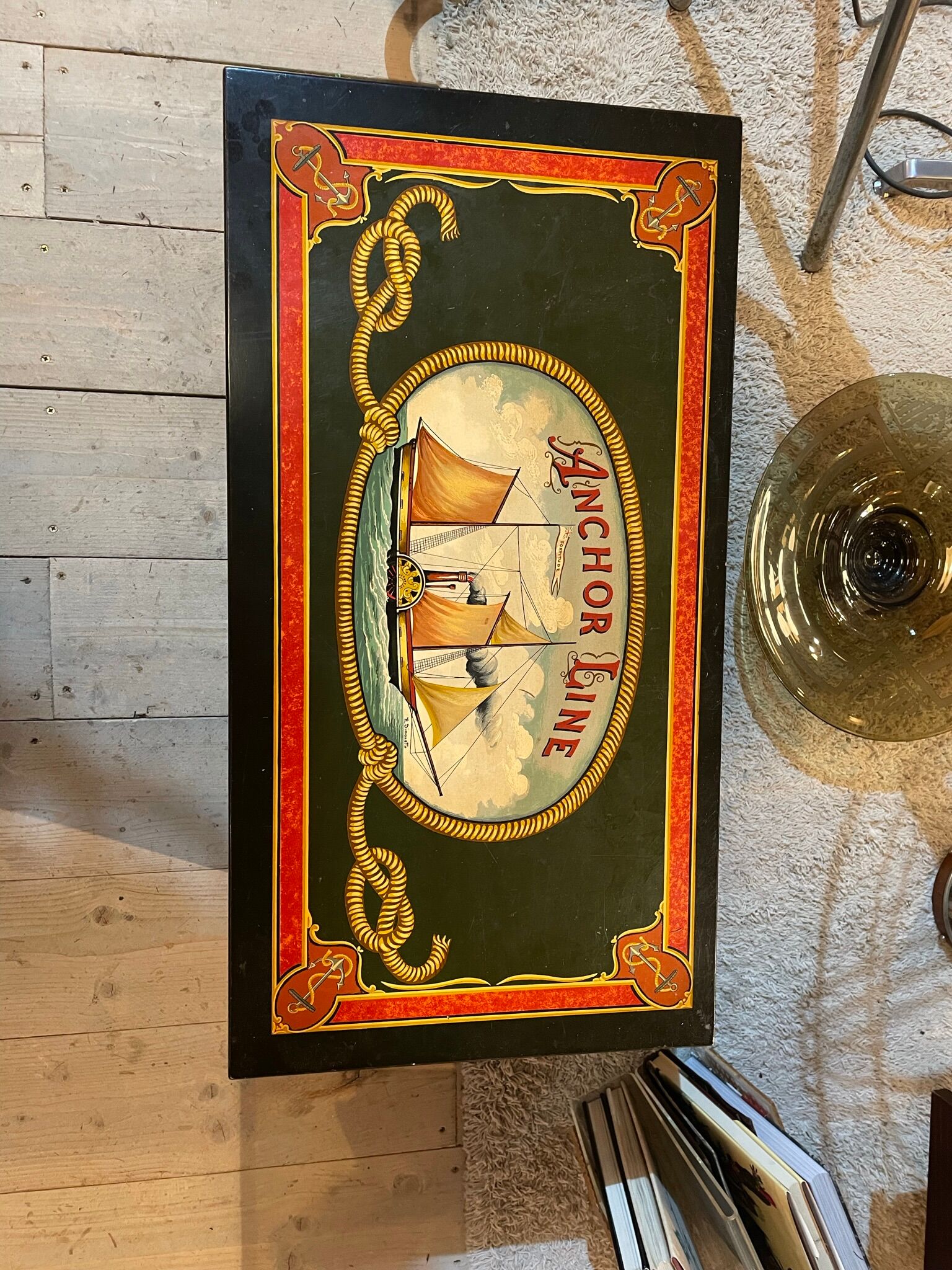 Anchor line painted wooden chest