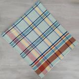 Blue cotton tablecloth with vintage multicolored checks and stripes