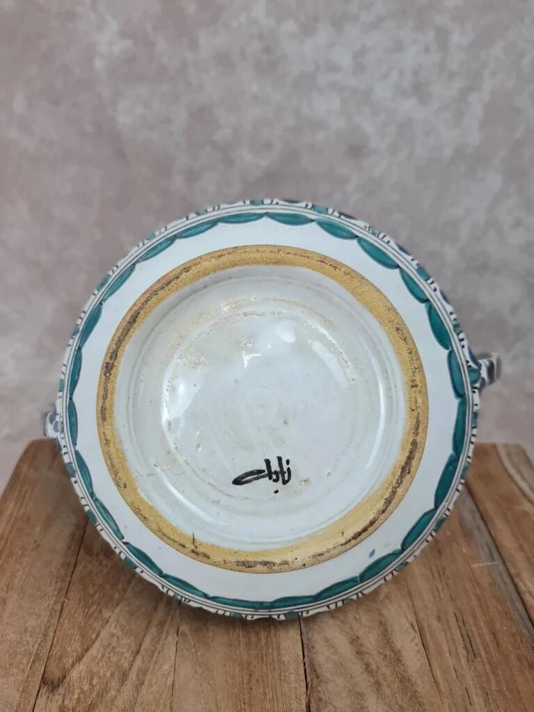 Artisanal Moroccan faience vase signed – blue & green decor