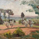 Painting bifacial view orientalist and mediterranean landscape signed mid-XX°