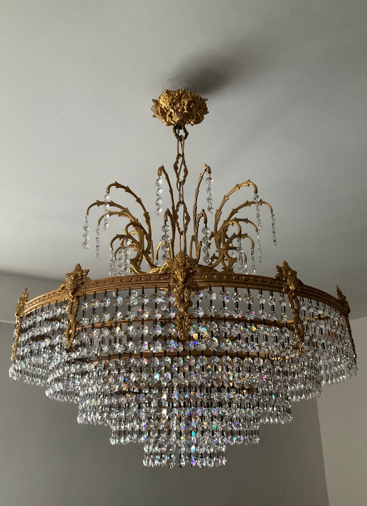 Old bronze waterfall chandelier with crystal tassels