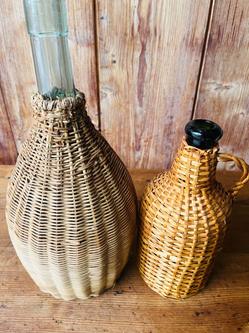 Vintage braided rattan bottle duo