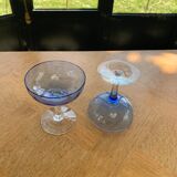6 champagne glasses in blue glass and vintage transparent base