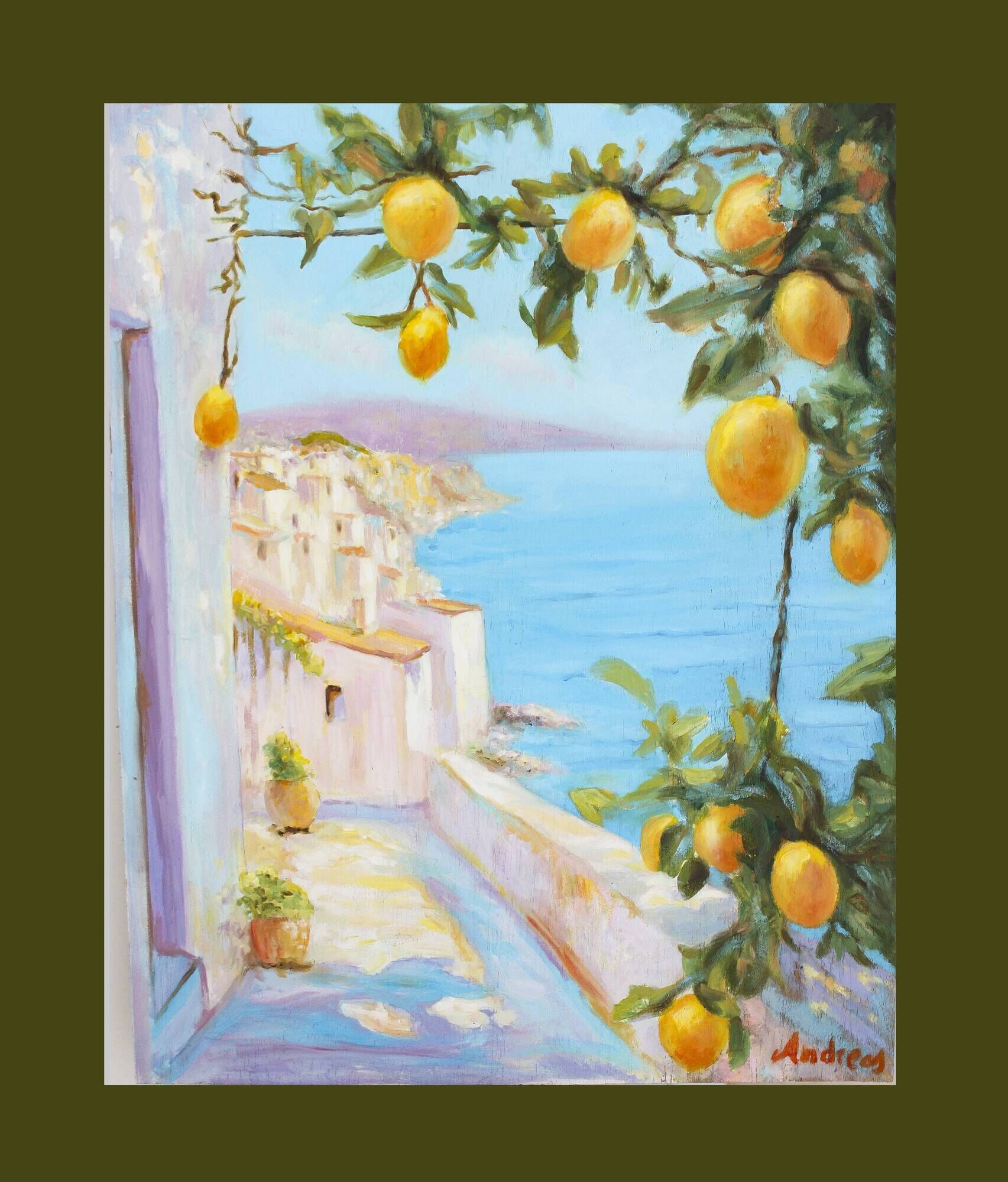 Oil painting of a view of the sea.