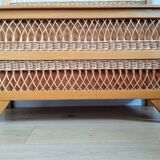 Banc coffre en bois et rotin vintage