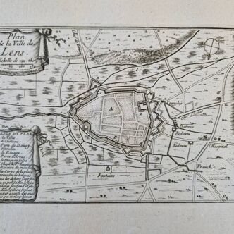17th century copper engraving "Plan of the city of Lens" By Sébastien de Pontault de Beaulieu