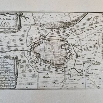 Gravure sur cuivre XVIIème siècle "Plan de la ville de Lens", par Sébastien de Pontault de Beaulieu