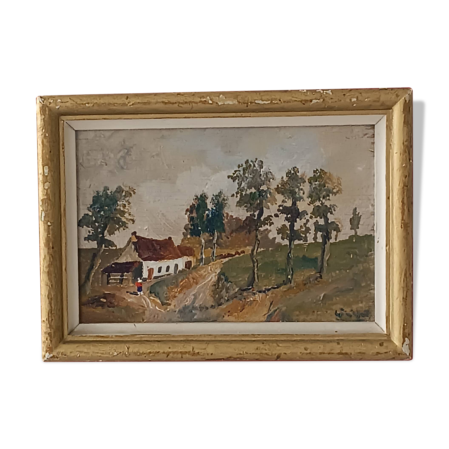 Framed oil on panel of an old countryside landscape.