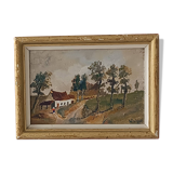 Framed oil on panel of an old countryside landscape.