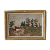 Huile sur panneau encadrée paysage de campagne ancien