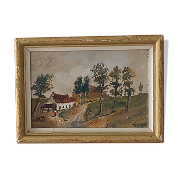 Framed oil on panel of an old countryside landscape.
