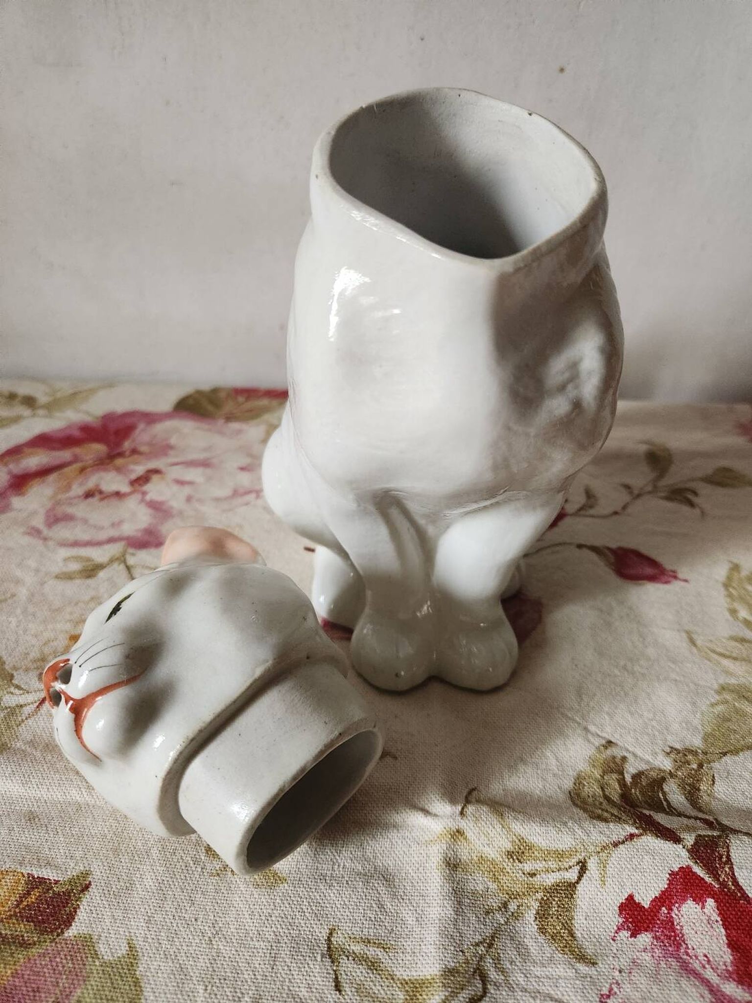 Carafe à chat absinthe en majolique george dreyfus antique vers 1900 avec tête et poignée de queue amovibles