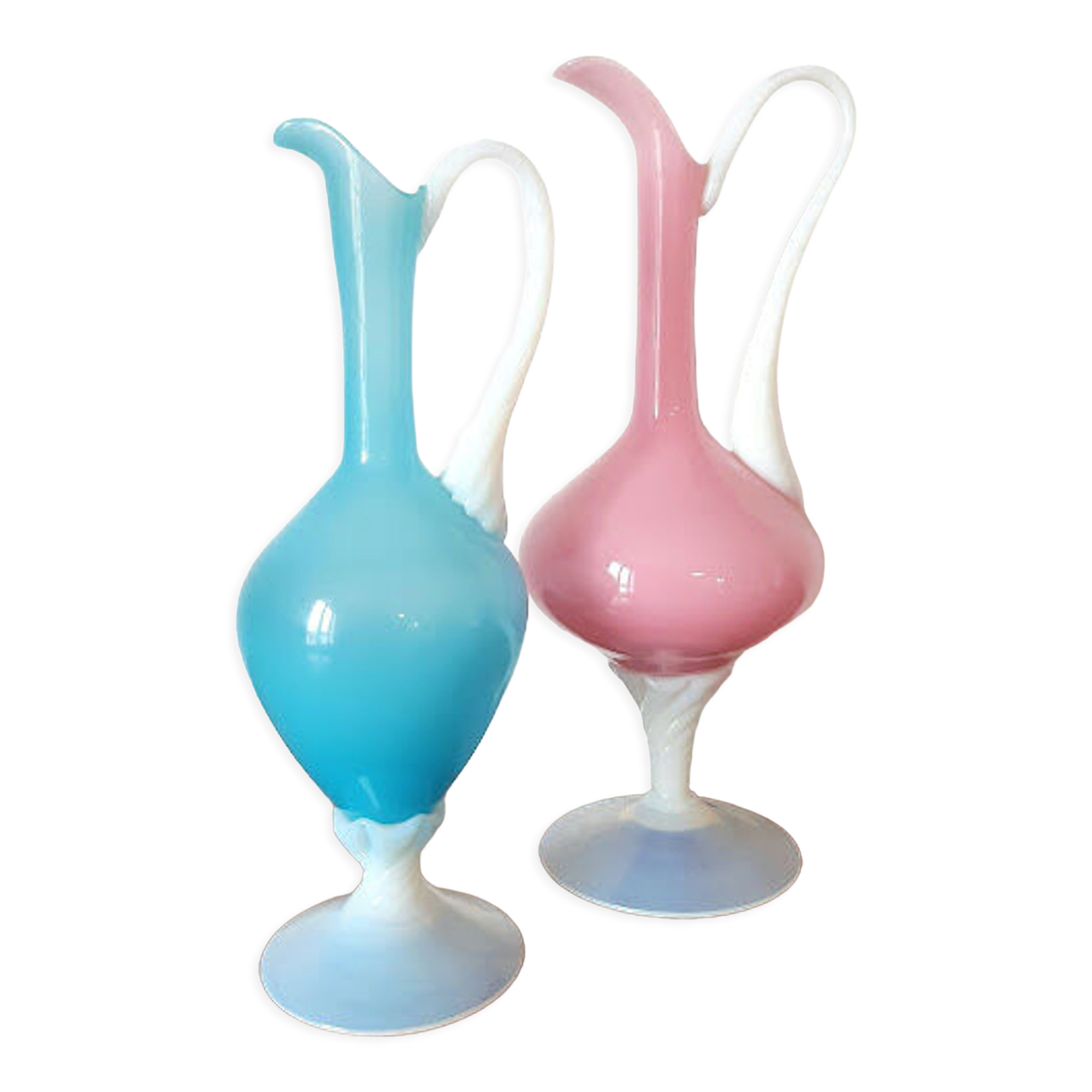 Pair of ewers in pink and blue opaline