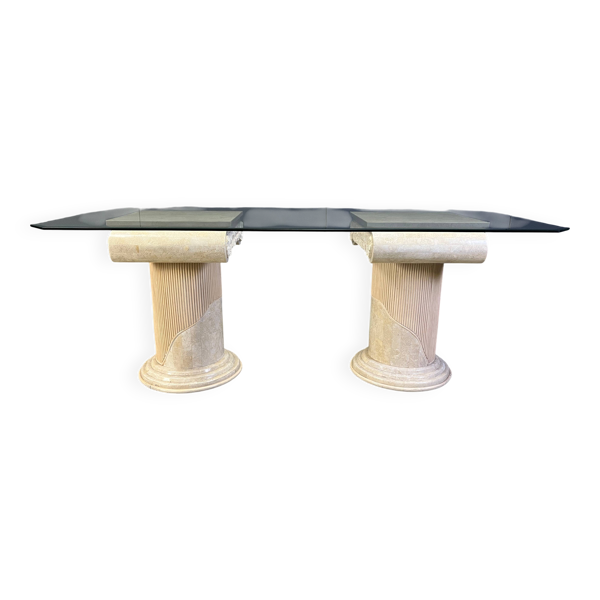 Table à manger vintage en pierre tessellée sur piédestal par Maitland Smith, années 1970.