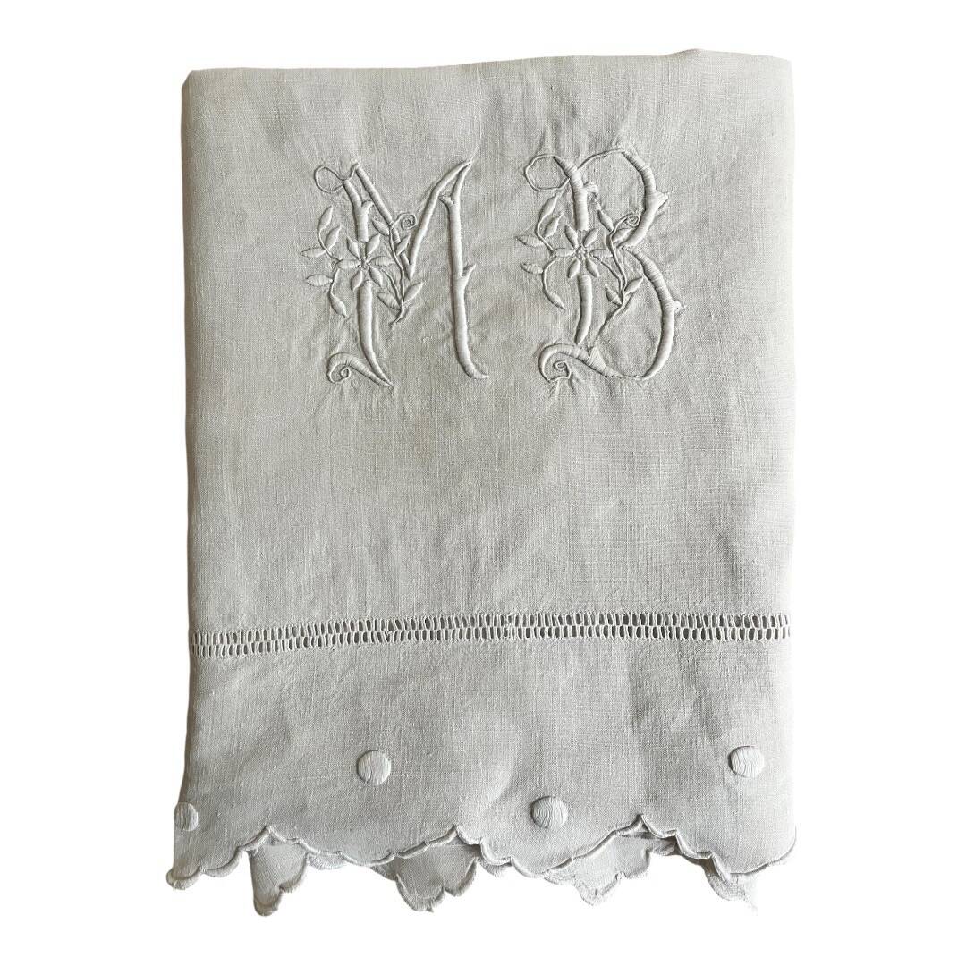 Antique linen, embroidered sheet with monogram (model 2)