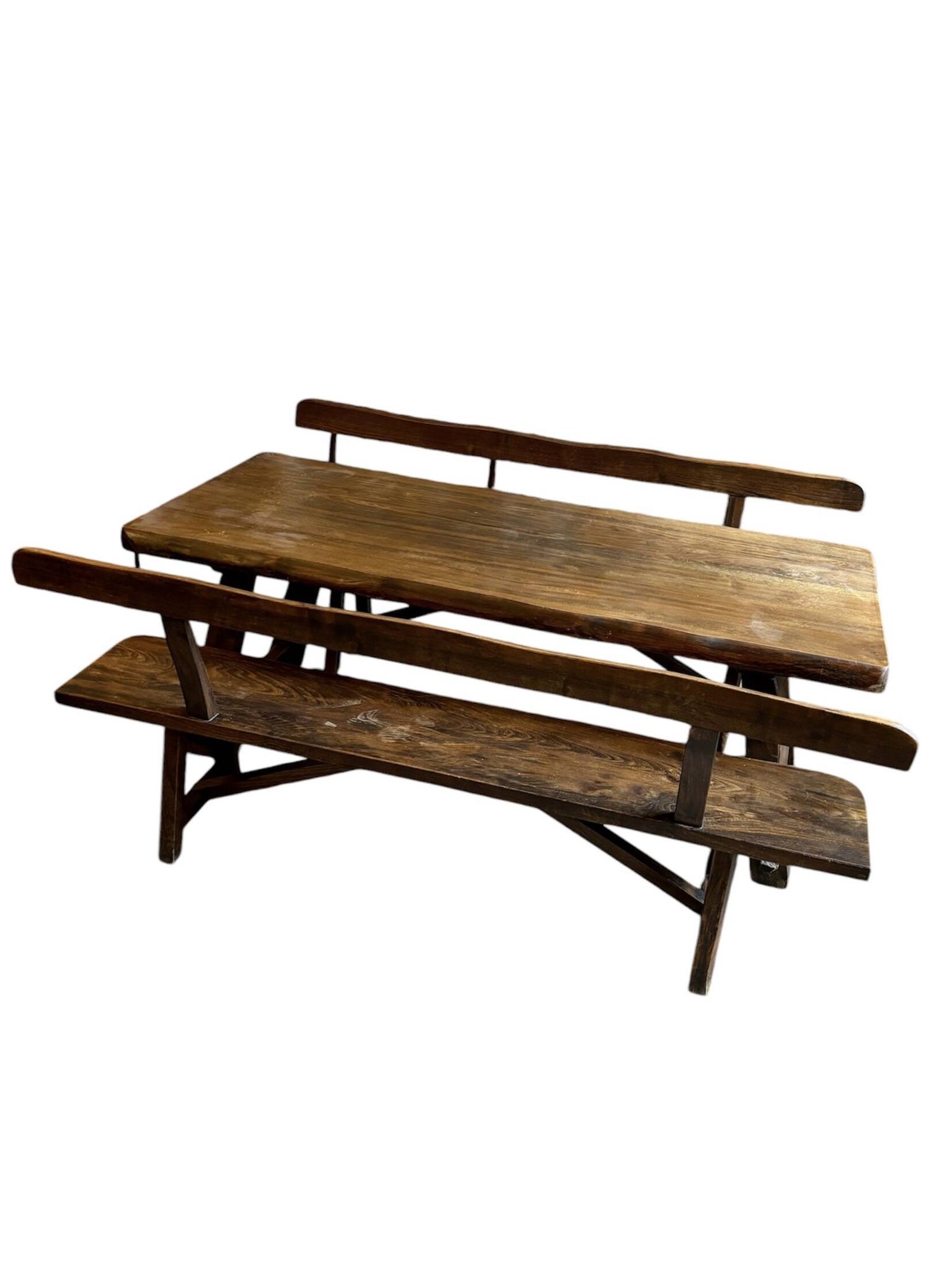 Aranjou dark wood dining table and 2 benches from the 70s/80s ☐ 200 x 89 cm