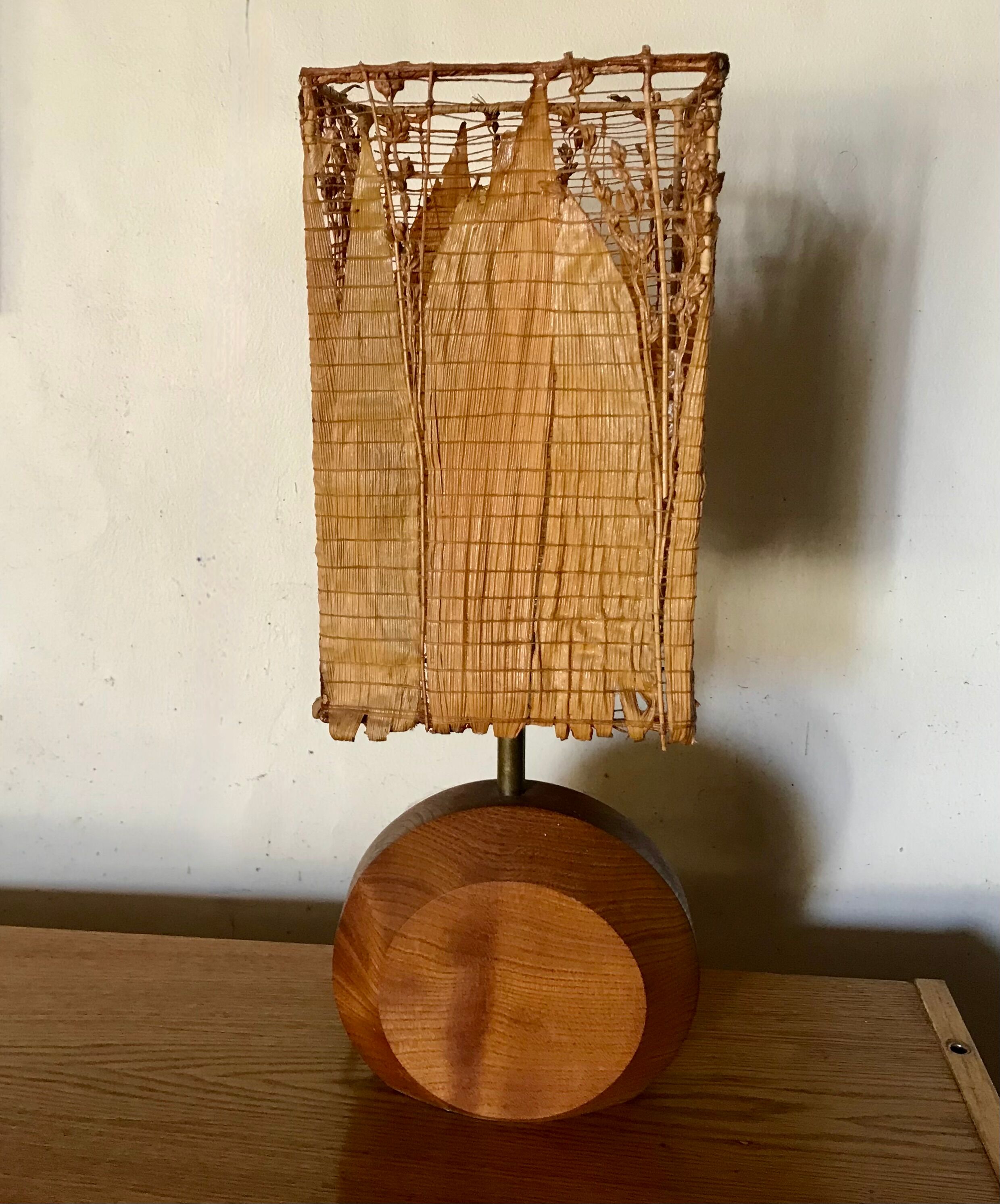 Teak lamp and corn leaf lampshade, circa 1980