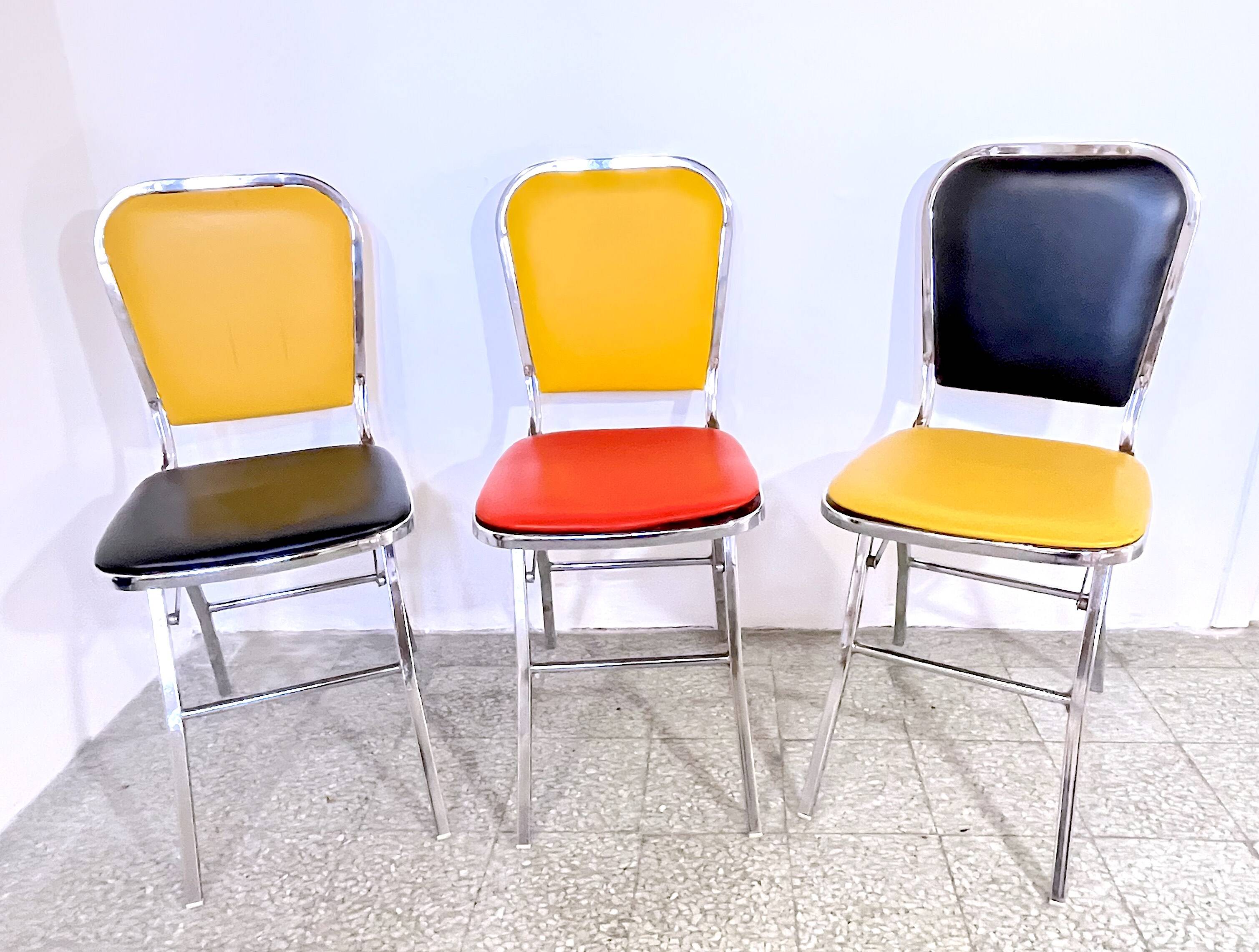 3 chrome & faux leather folding chairs, Elio Zema, Italy 1980s