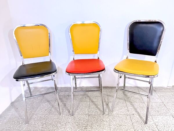 3 chaises pliantes chrome & faux cuir , Elio Zema, Italie 1980's