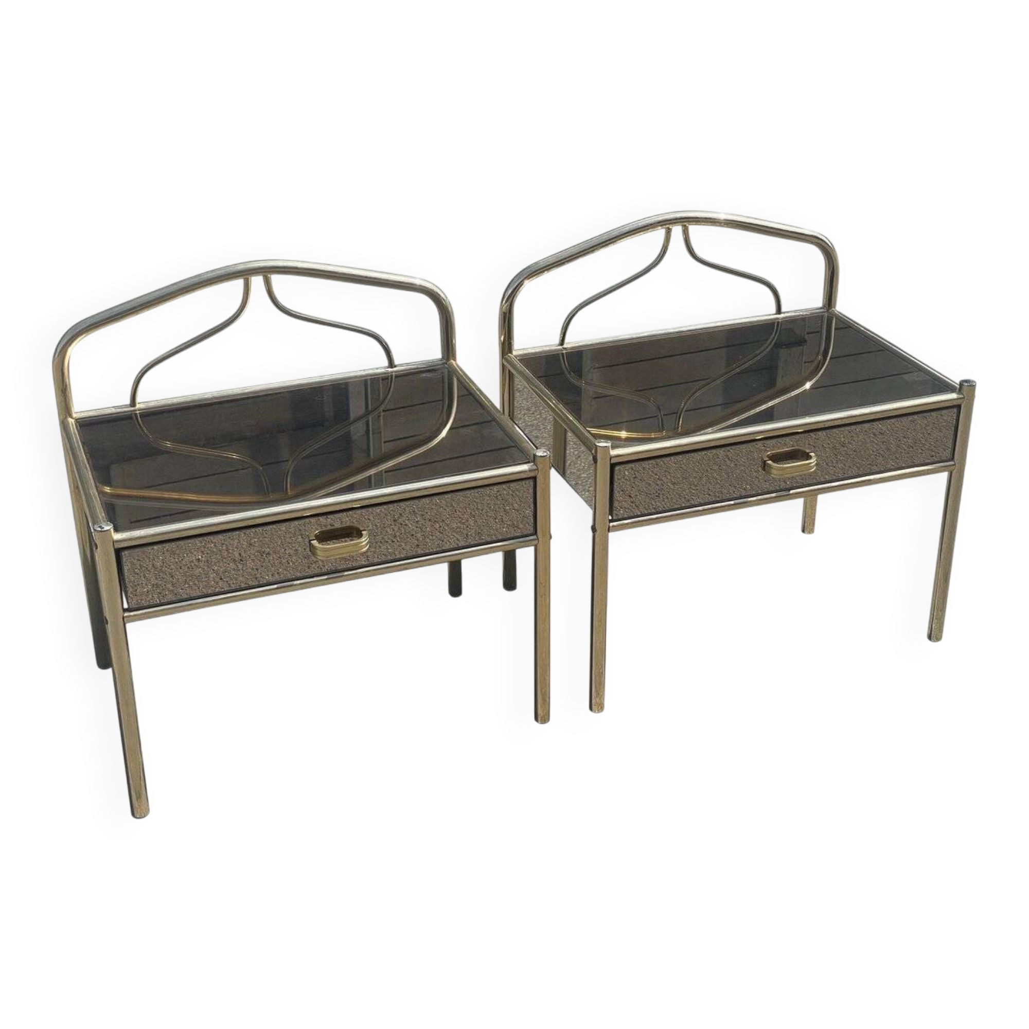 Set of 2 bedside tables in chrome-plated brass with mirrored glass effect, 1977