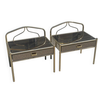 Set of 2 bedside tables in chrome-plated brass with mirrored glass effect, 1977