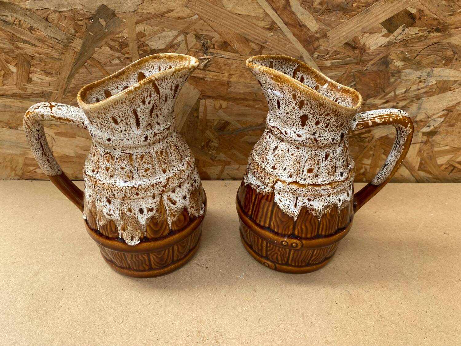 Pair Antique Brown Ceramic Barrel Shaped Pitchers Vintage