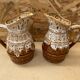 Pair Antique Brown Ceramic Barrel Shaped Pitchers Vintage