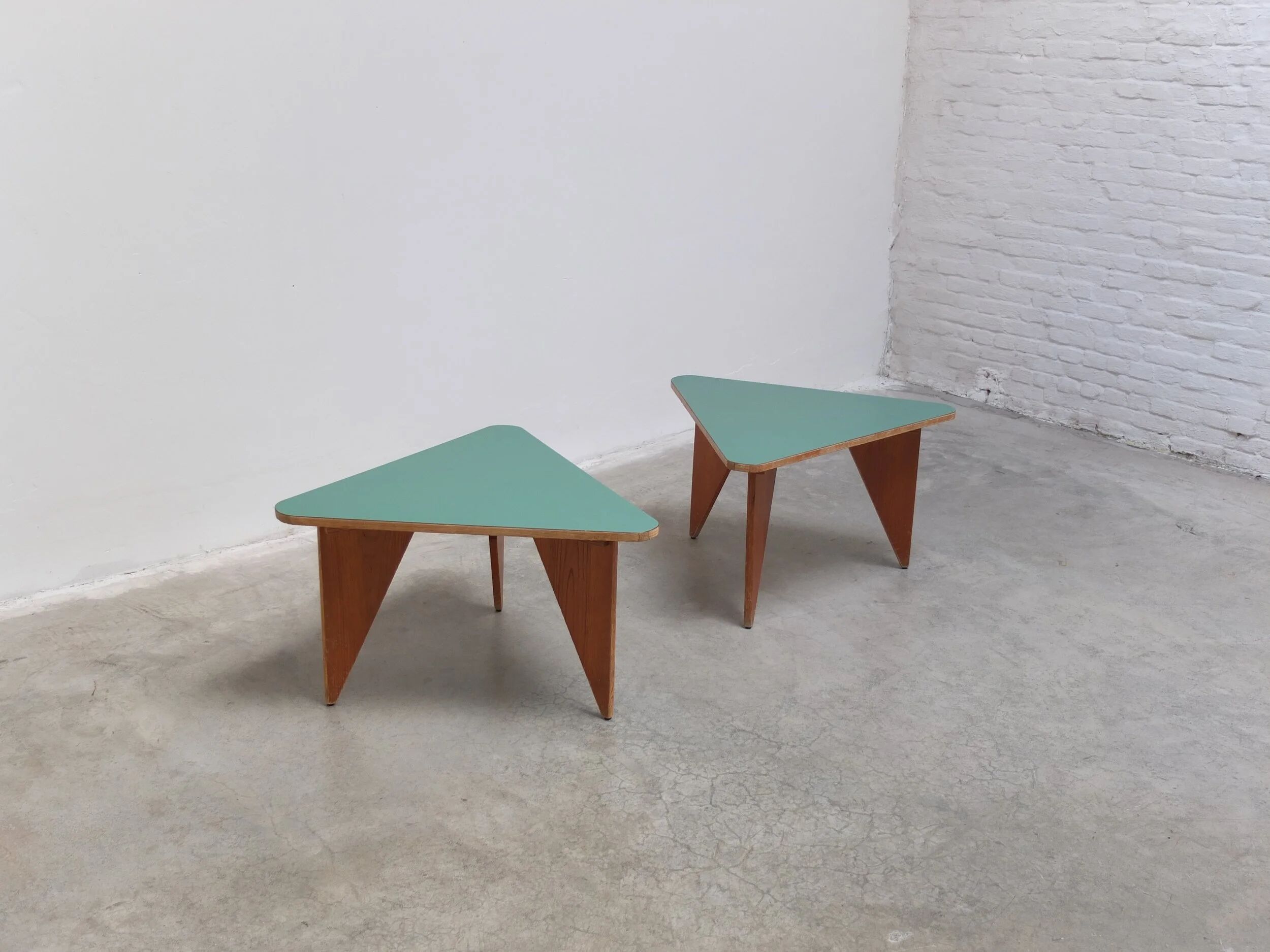Unique pair of triangular coffee or side tables, 1960s