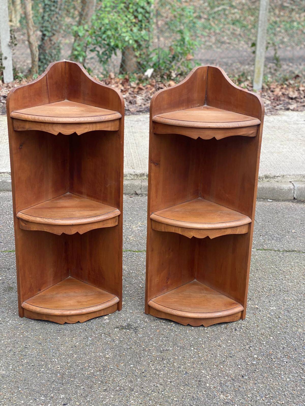 Pair of 19th-century solid wood corner wall shelves.