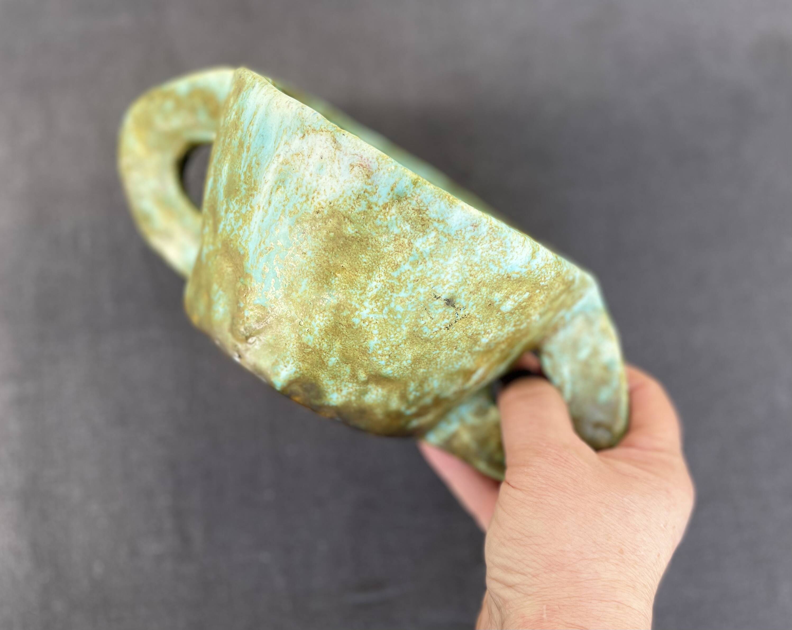 Stoneware bowl with handles, signed handmade ceramic.