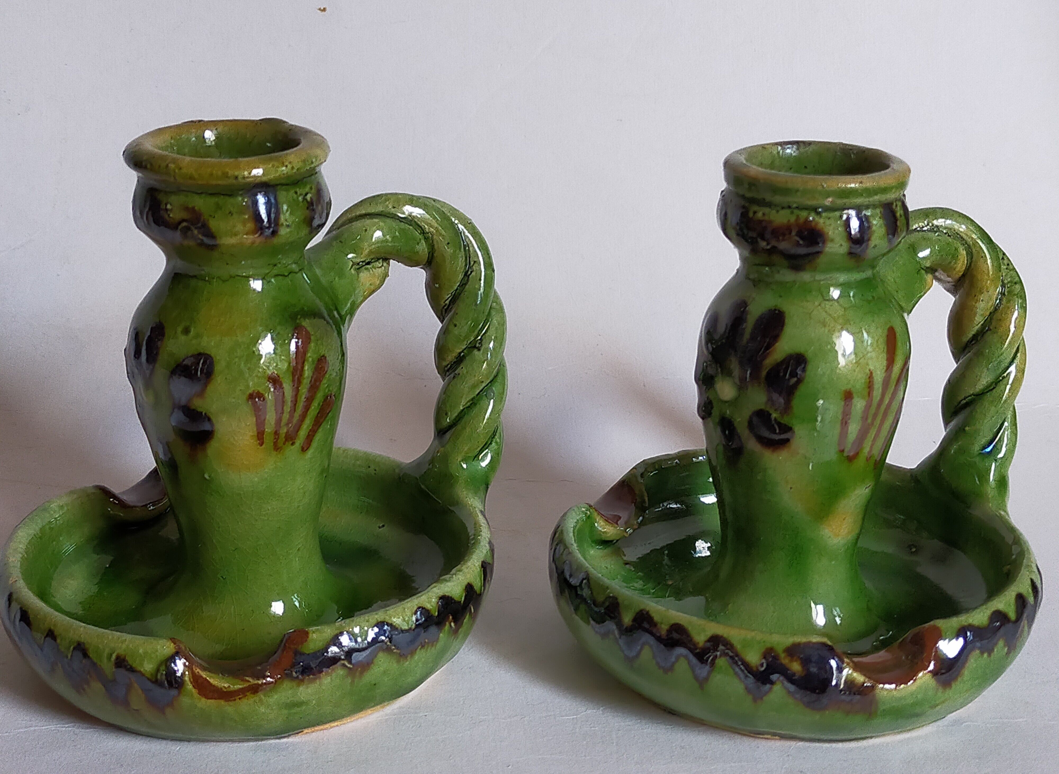 Duo of vintage potter's ceramic candle holders Regional Folk Art
