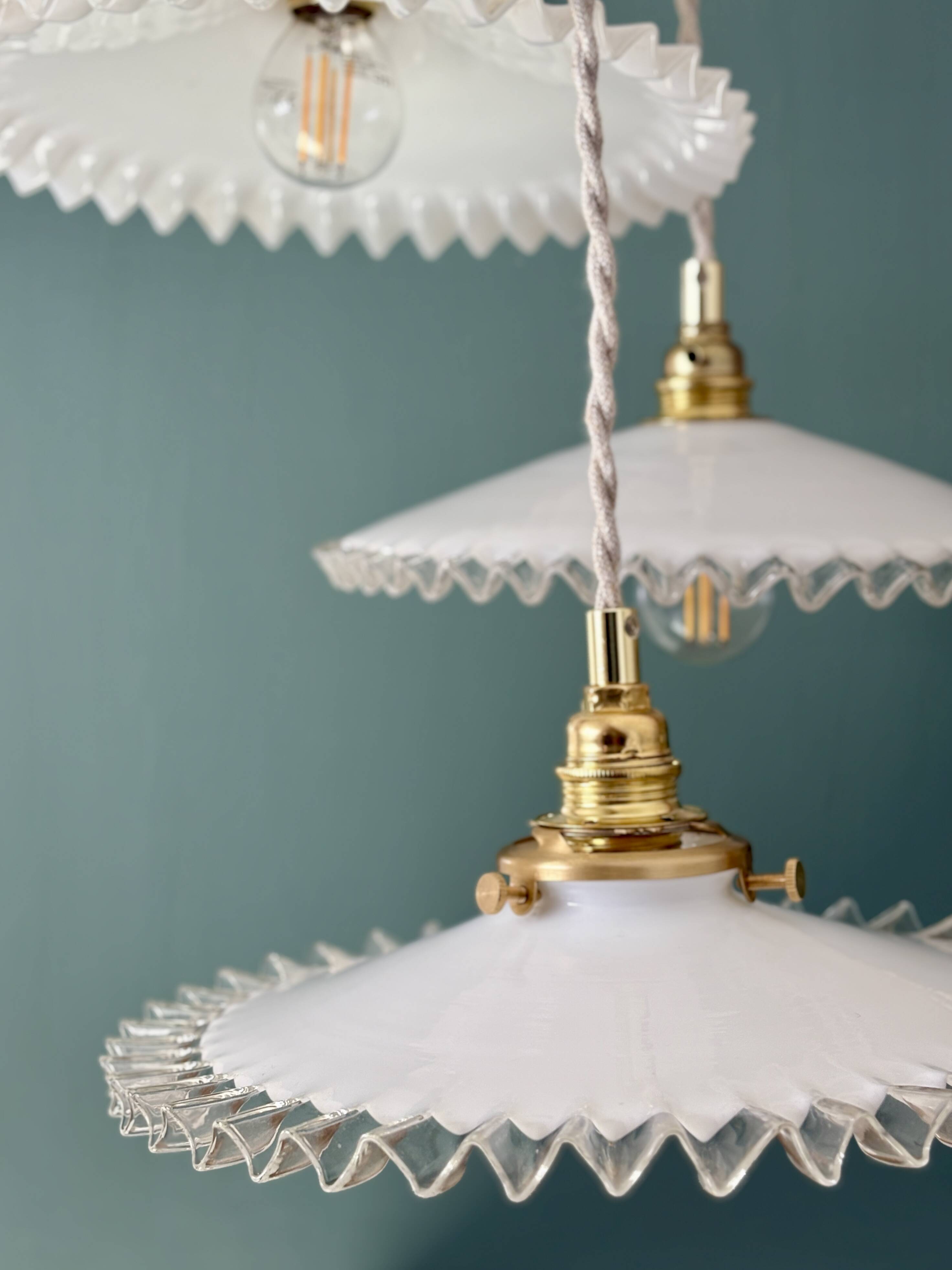 Vintage triple pendant lamp in white opaline