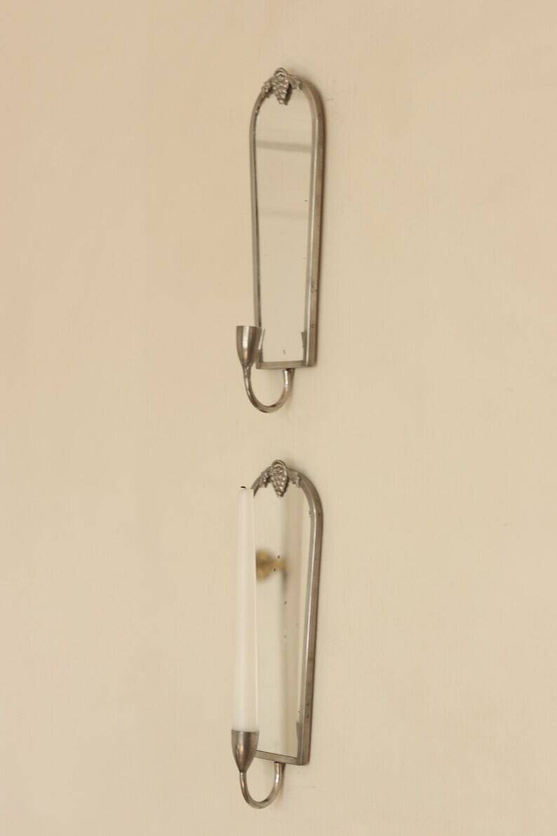 Pair of Mid Century Swedish Pewter Sconces with Mirror