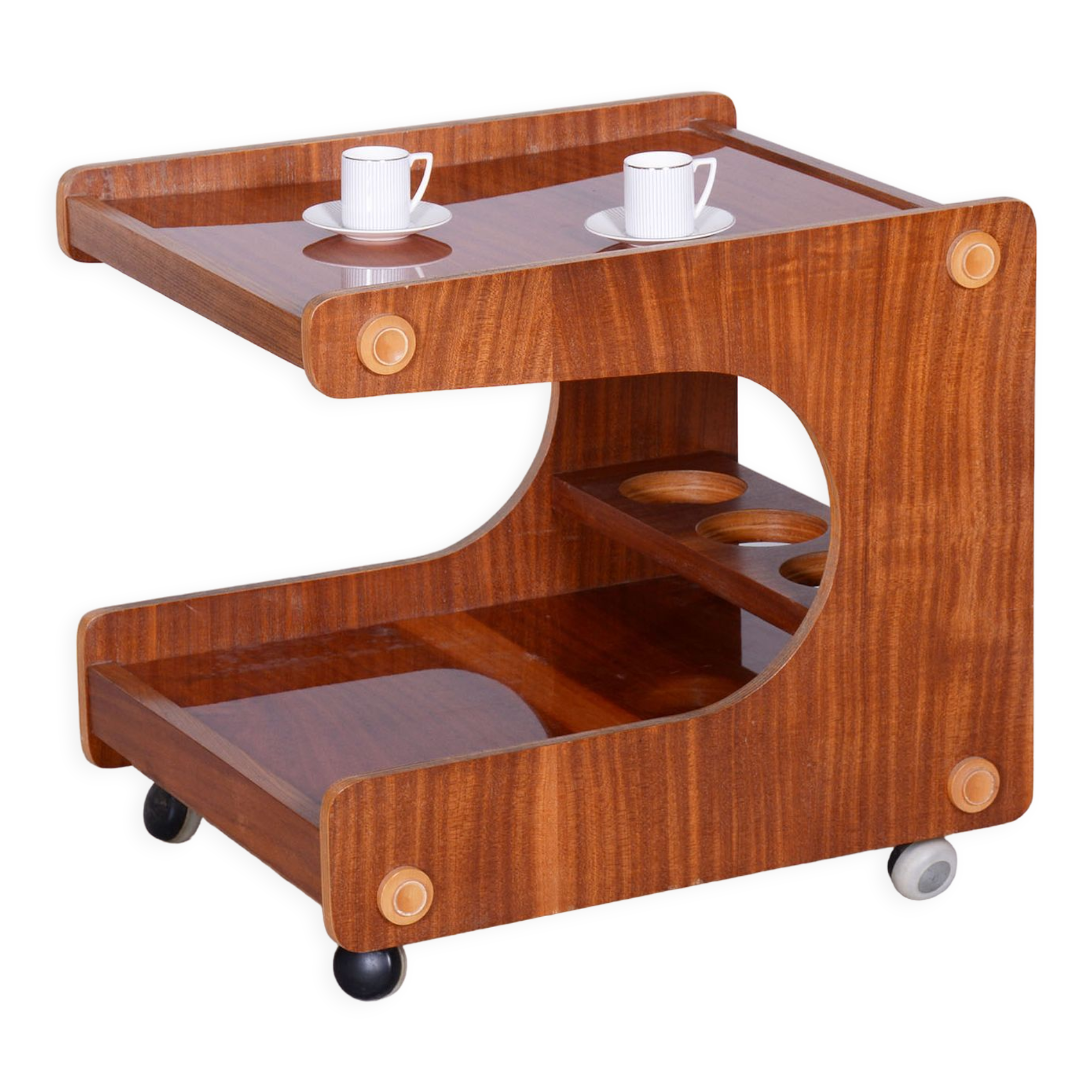 Restored midcentury mahogany trolley, revived polish, czechia, 1960s