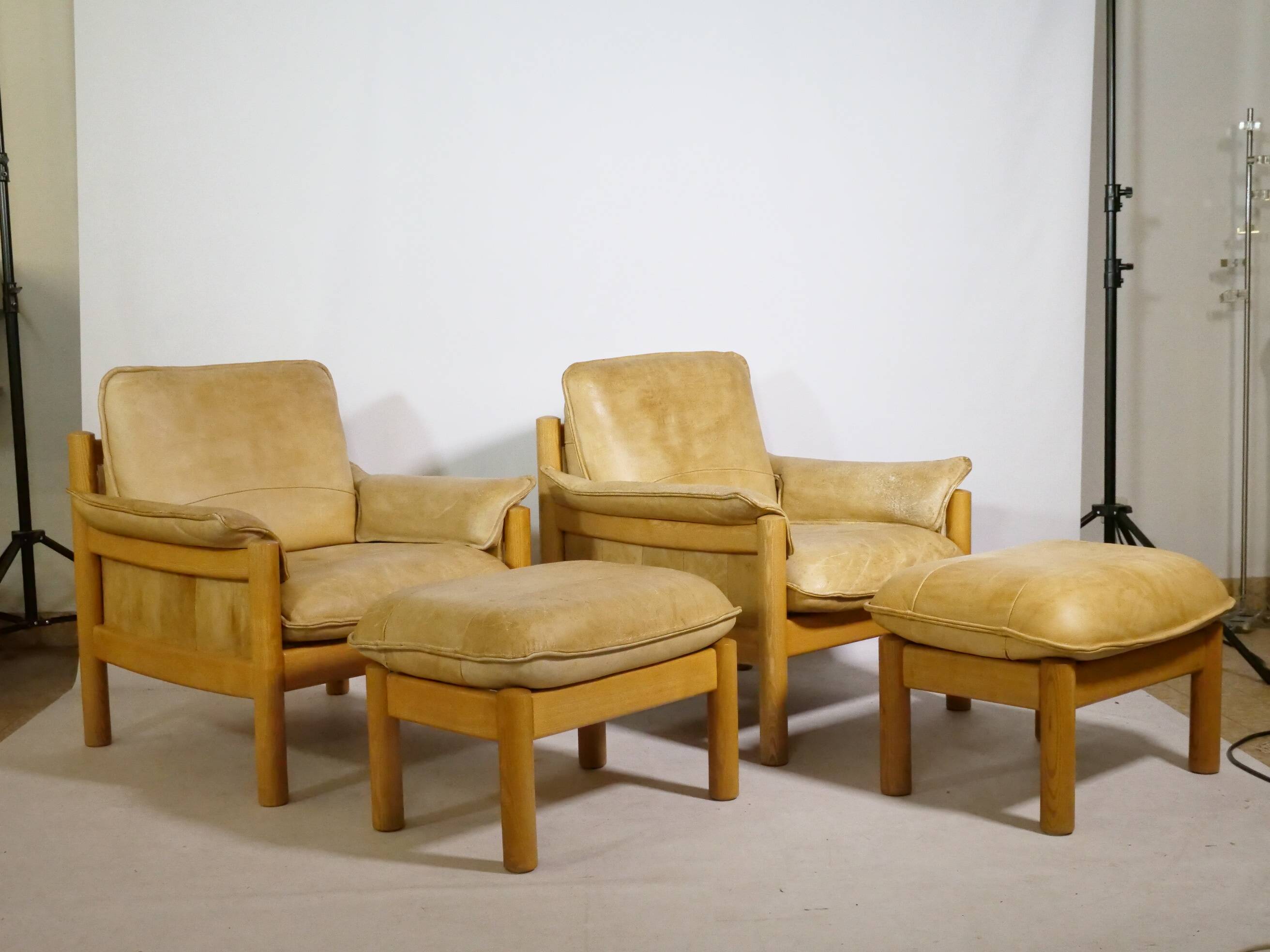 Mid-Century Camel Leather Armchairs with Ottomans, Set of 2, 1970s
