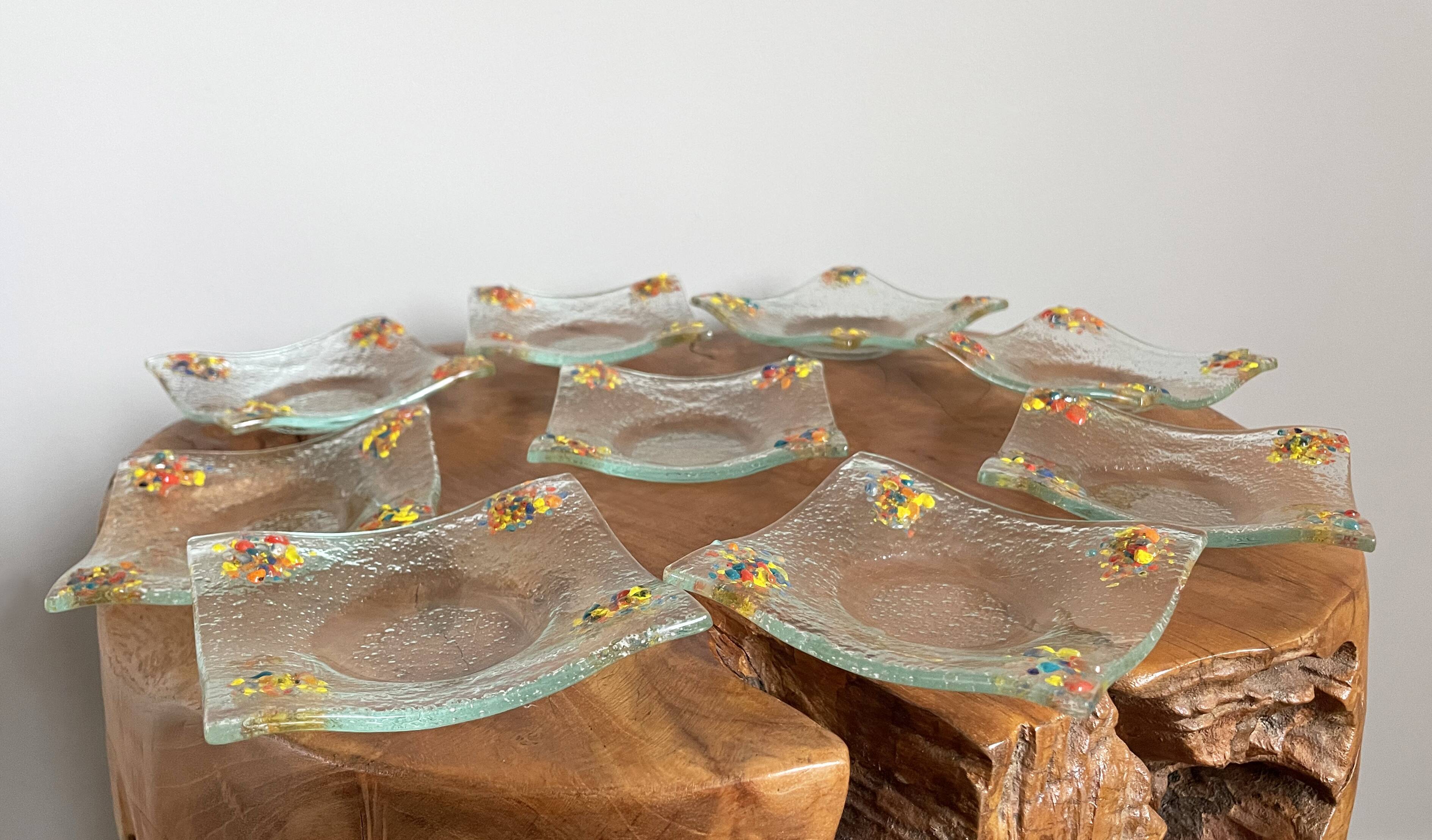 Art glass tea light holders or plates, fused glass with bright rainbow colours