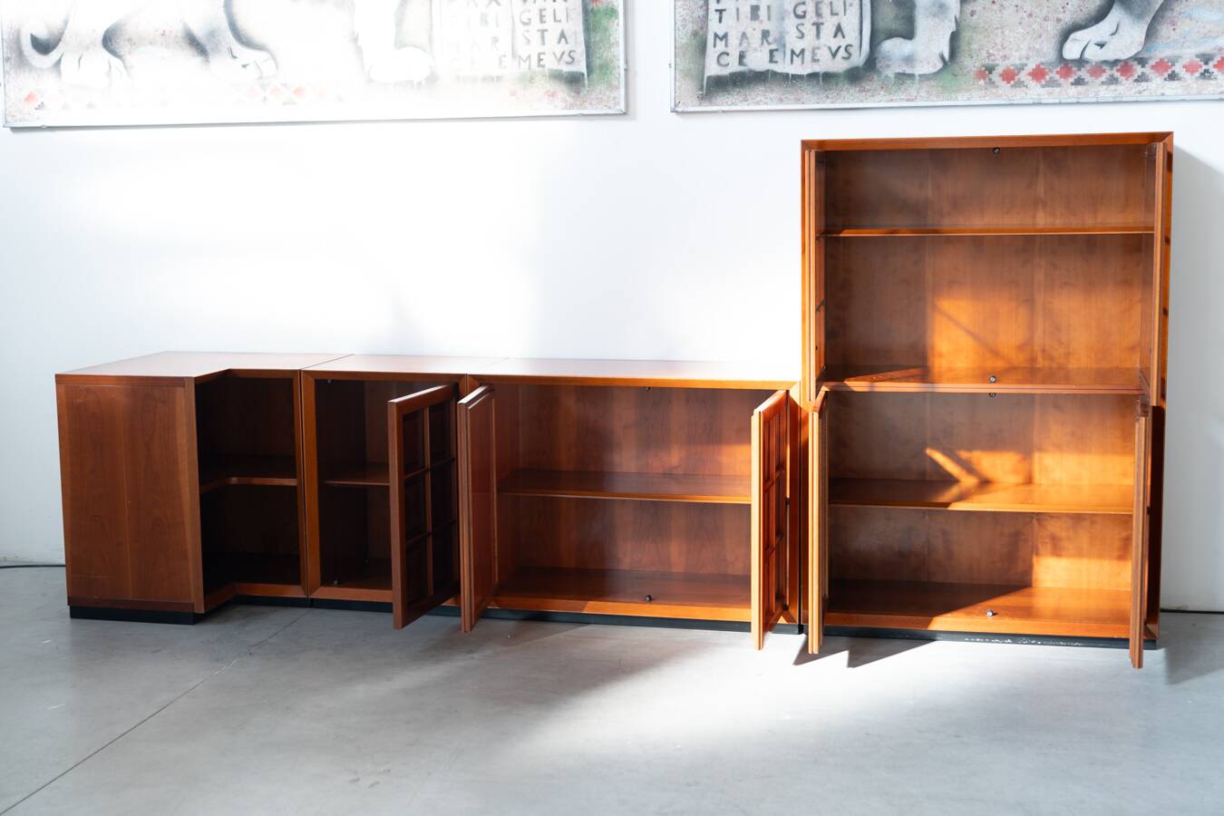 1970s Modular Corner Cabinet in Cherrywood with Glass and Carved Doors – “Fox Hunt” Design