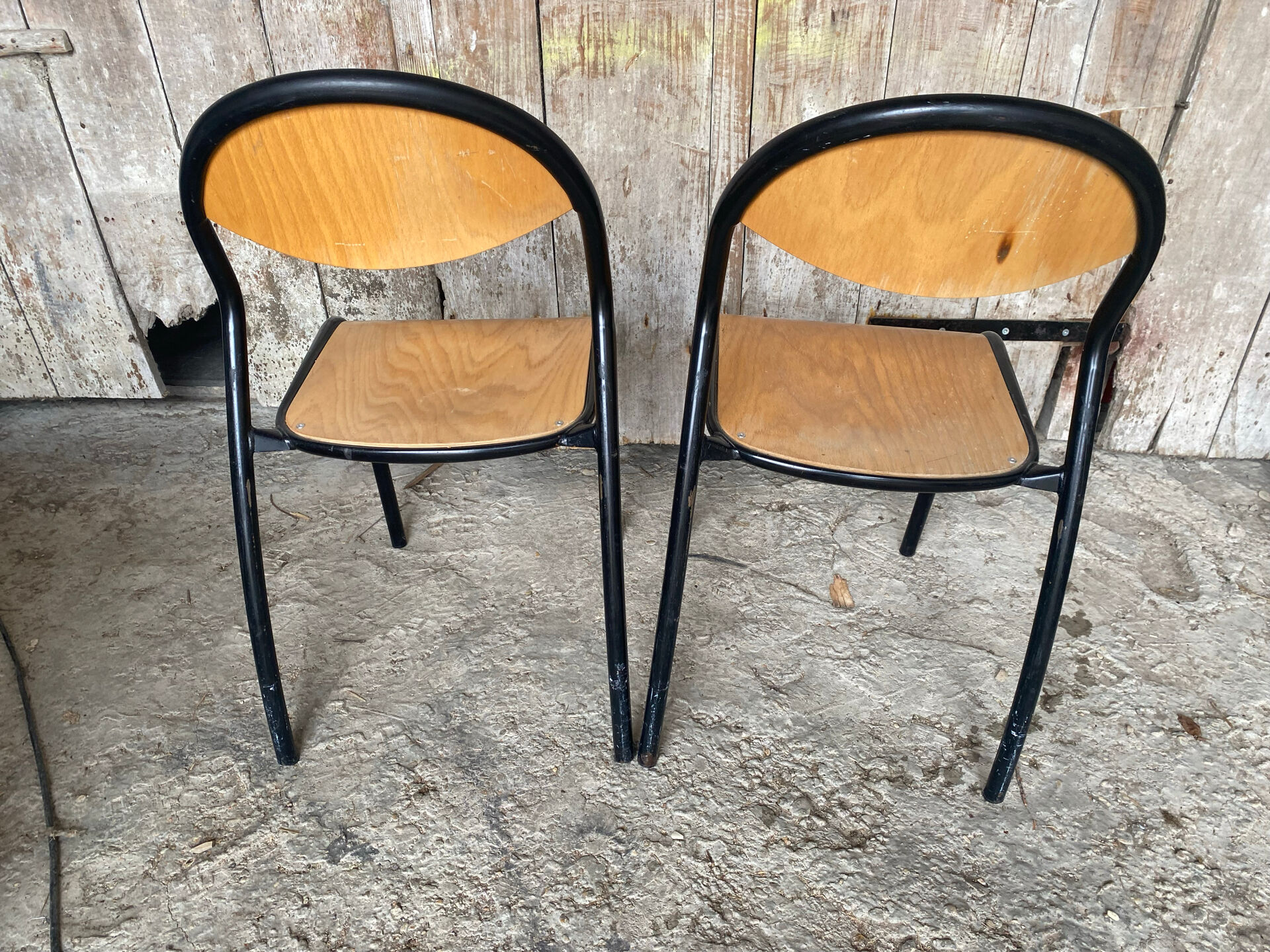 Paire Chaise Ancienne Écolier Style MULLCA Métal Noir + Bois Vintage #