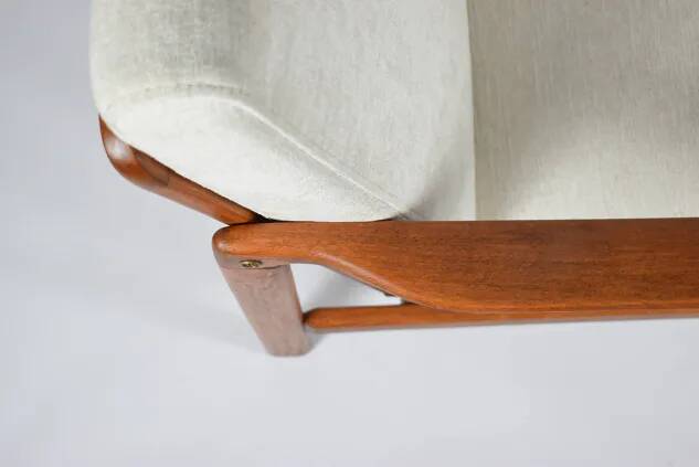 Scandinavian armchair in teak and cream fabric by Baczyk, 1960s, restored.