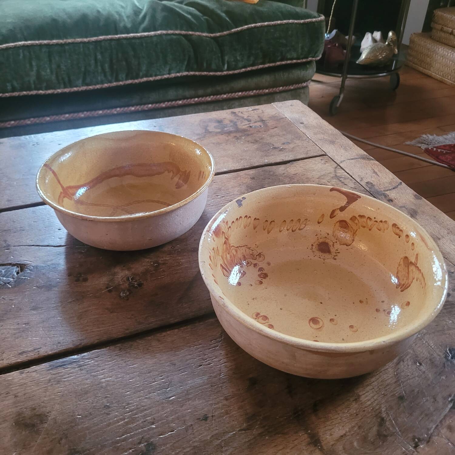 Two rustic glazed earthenware salad bowls, French craftsmanship, circa 1