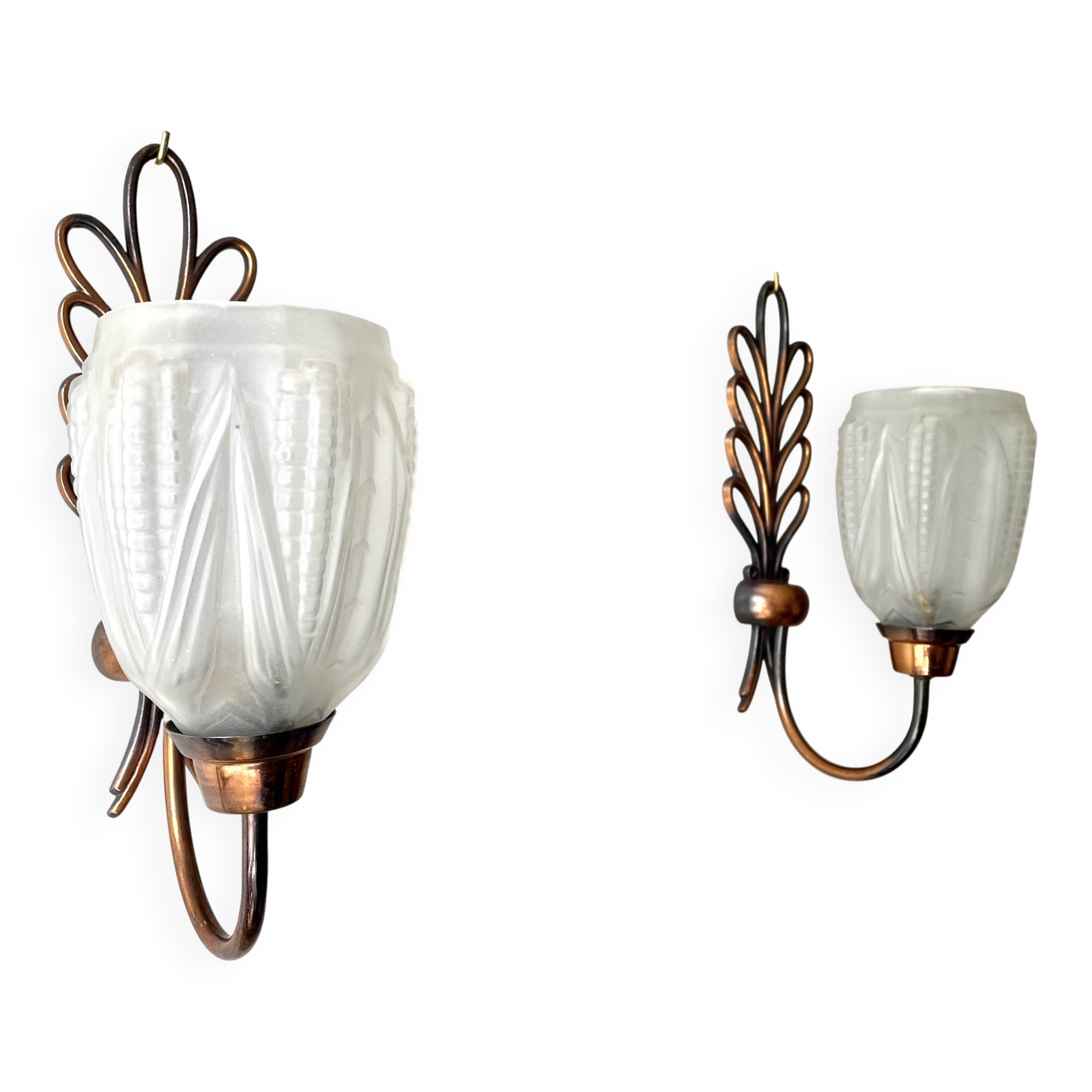 Pair of Art Deco wall lights, copper and frosted glass