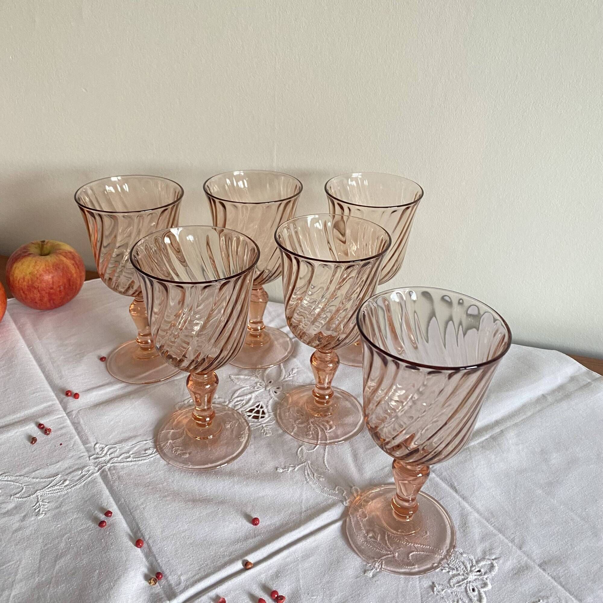 6 vintage pink wine and water glasses, Rosaline Luminarc France tableware