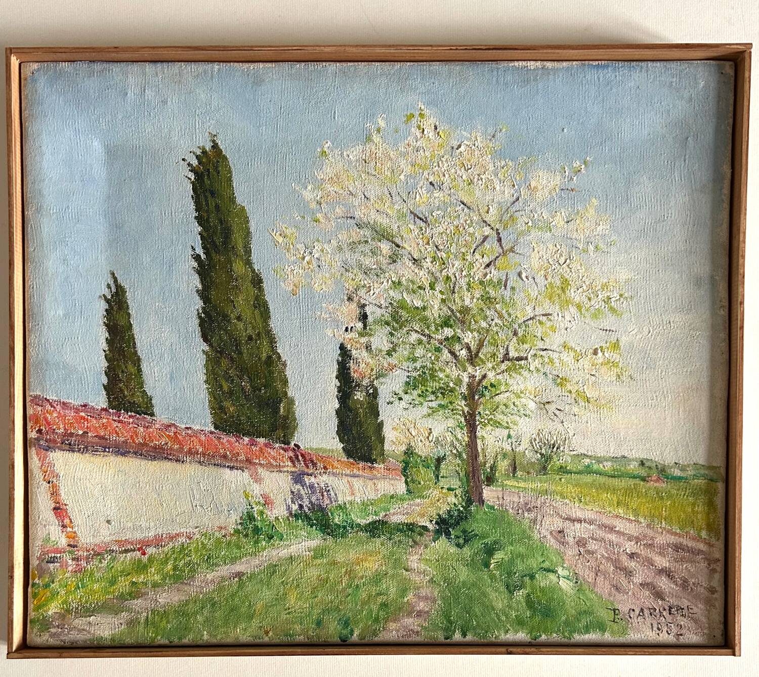 Oil on canvas "Chemin du Vexin" by P. Carrere. 1952