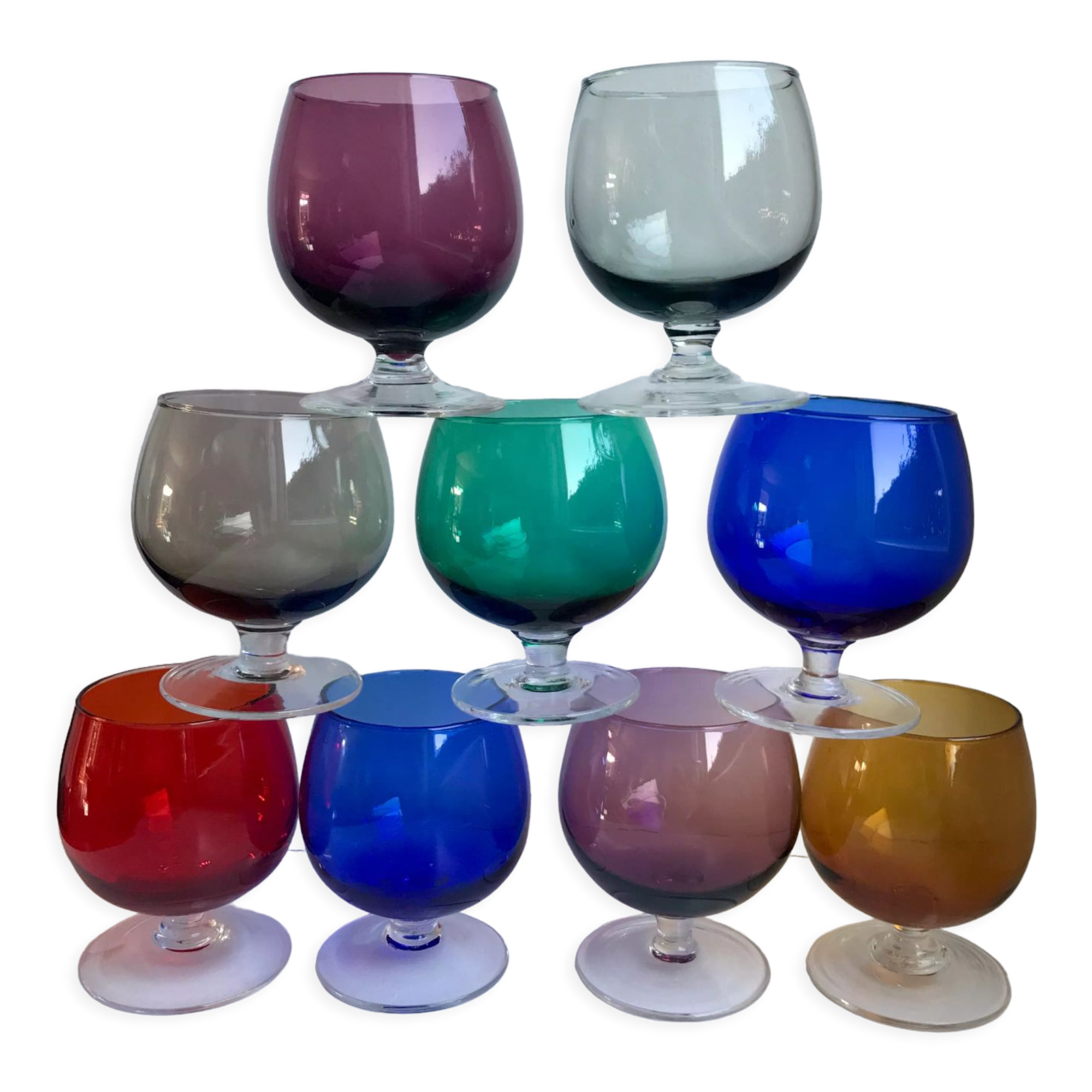 Set of 9 glasses with colored feet in blown glass 50s