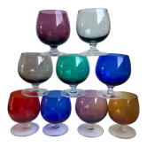 Set of 9 glasses with colored feet in blown glass 50s