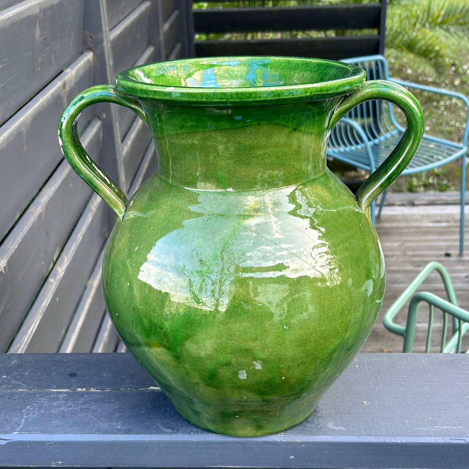 Large green enameled jar