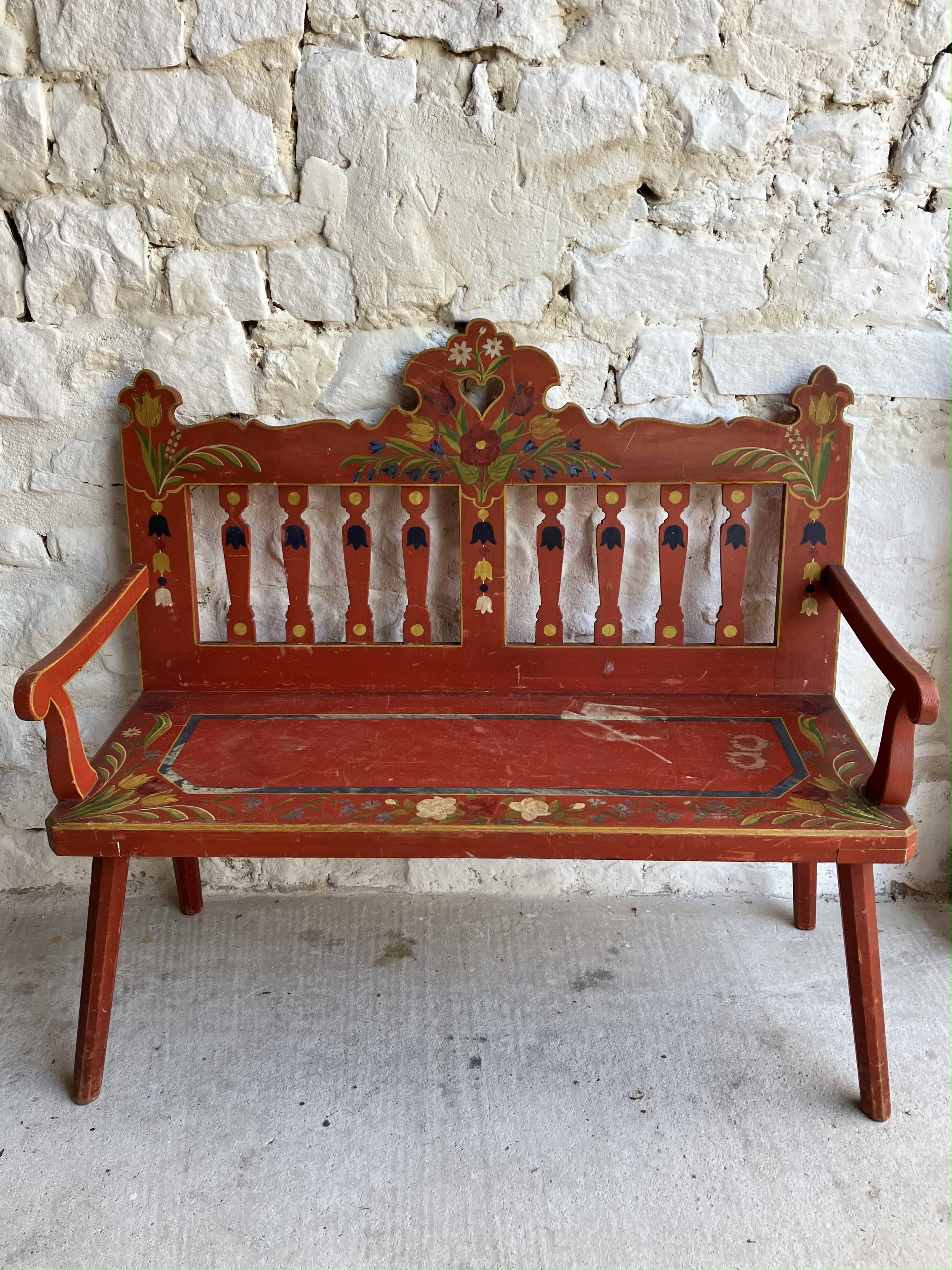 Folk bench in painted wood - Eastern Europe probably Hungary - early 20th century