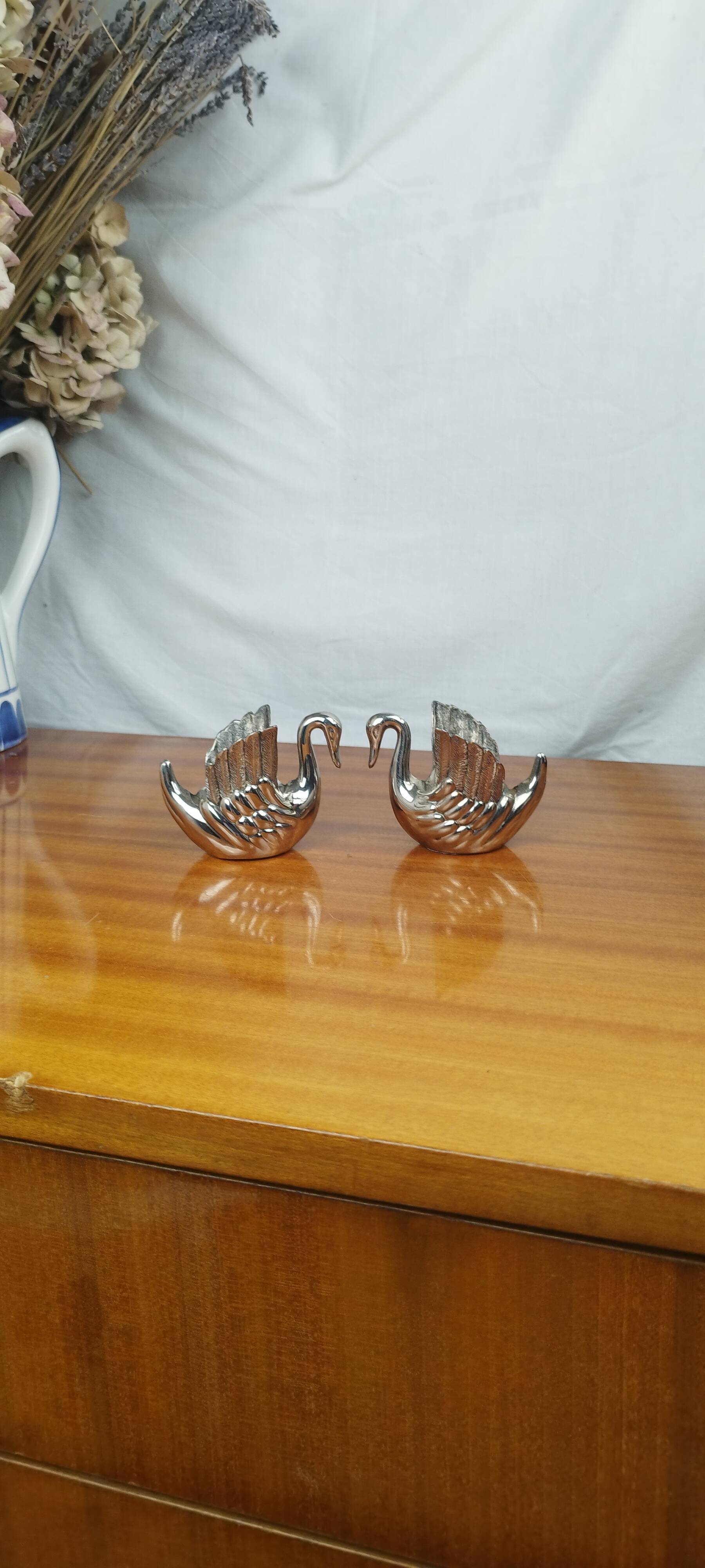 Pair of Silver Metal Zoomorphic Swan Candle Holders, Vintage 70s