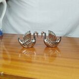 Pair of Silver Metal Zoomorphic Swan Candle Holders, Vintage 70s