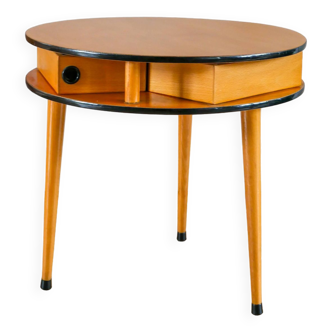 Table basse ronde tripode en placage clair, avec tiroirs, Design, 1960